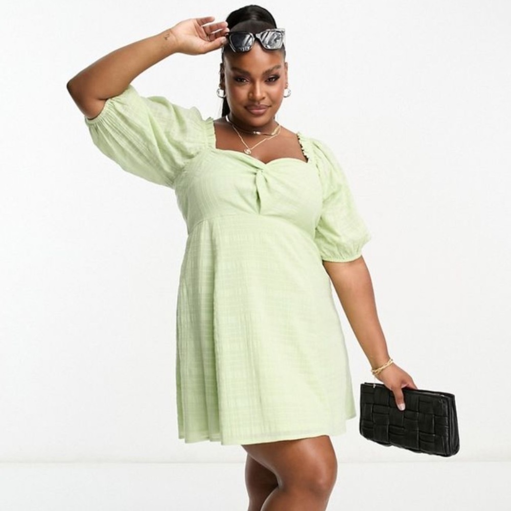 Asos Design Curve Knot Front Mini Dress Check Dobby Apple Green Puff Sleeves 48